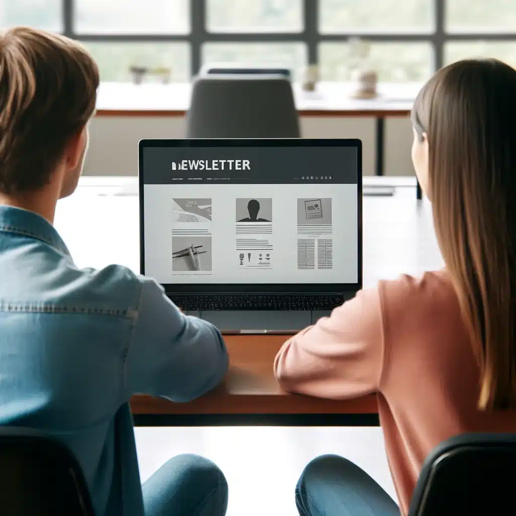 DALL·E-2024-04-21-16.28.34-A-photo-from-behind-two-individuals-seated-at-a-desk-focusing-solely-on-a-laptop-screen-that-displays-a-newsletter-design.-The-photo-shows-no-faces-